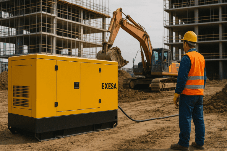 Generador EXESA en obra de construcción en CDMX, con trabajador supervisando maquinaria pesada | Exesa