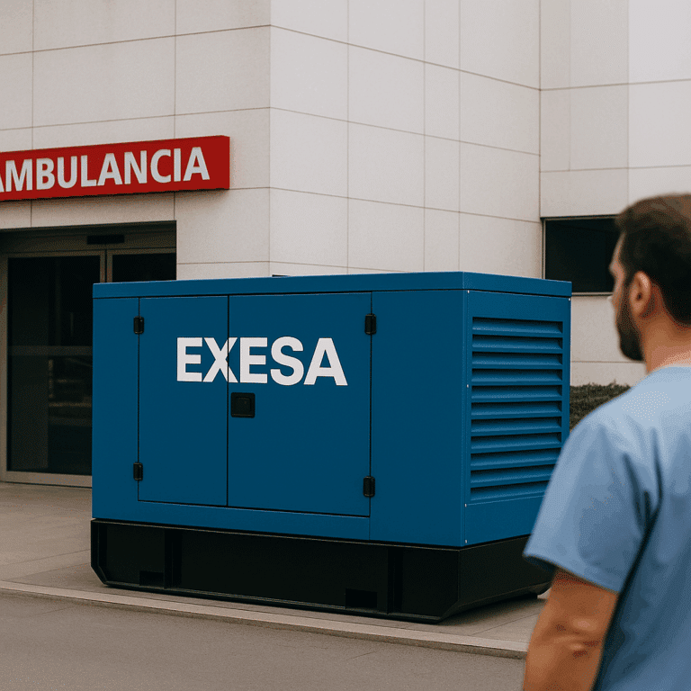Generador EXESA junto a entrada de ambulancias en hospital, con técnico supervisando | Exesa