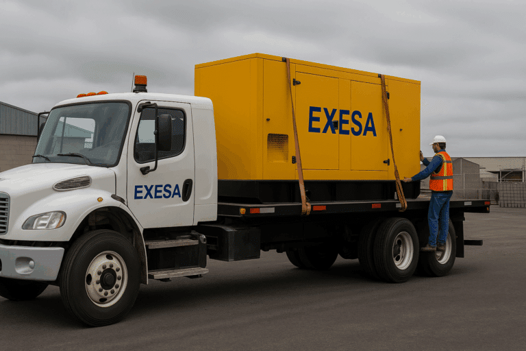 Camión de plataforma EXESA transportando generador industrial amarillo, con técnico asegurando la carga | Exesa
