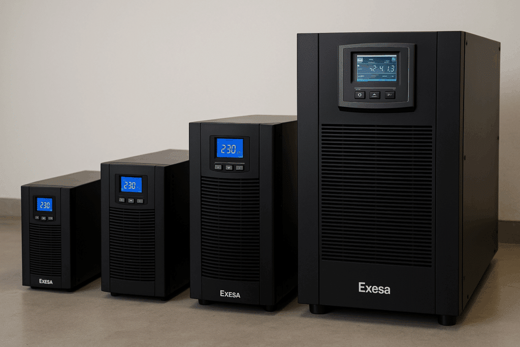 UPS industriales de diferentes capacidades alineados para exhibición en interiores | Exesa